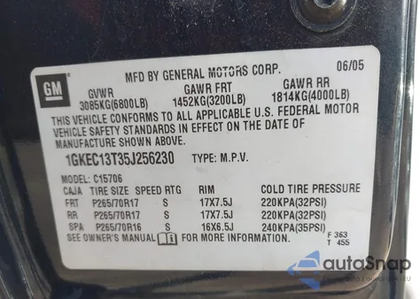 2005 GMC Yukon Slt из США, поврежденный, VIN 1GKEC13T35J256230